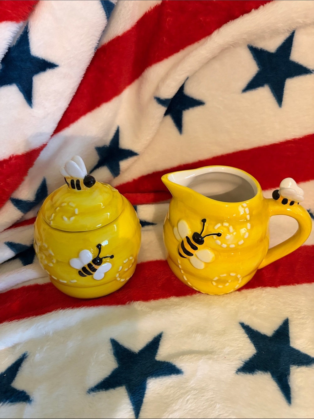 Pier 1 Yellow Bee Ceramic Sugar Bowl and Creamer